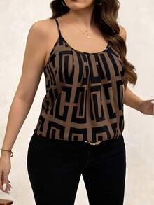 Chikora Plus Size Women Geometric Print Casual Pleated Camisole, Going Out Tops - Brown - View 4