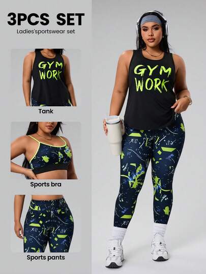 Rhythm Era Letter Print Tank Top And Slim Fit Pants Plus Size Activewear Set