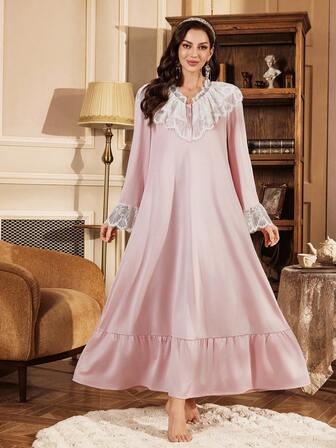 PalaceNights Camisón largo y holgado de estilo vintage de palacio con parches de encaje rosa para mujer