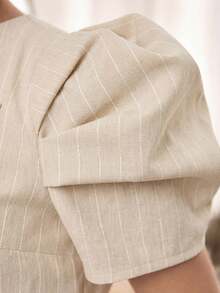 LMoss Kids 少女休闲派对条纹印花不规则领泡泡袖露脐上衣和阔腿裤套装，春夏秋季 - 杏色 - 查看 4