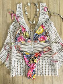 Elavelle Bộ đồ đi biển mùa hè dành cho nữ, bikini gợi cảm với họa tiết ngẫu nhiên, kiểu cổ yếm và trang trí kim loại. - Nhiều màu - Xem 4