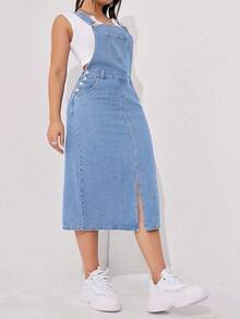 Flexra 大码休闲水洗牛仔背带裙 - 淺色水洗藍 - 查看 3