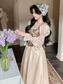 Women's Elegant Floral Patchwork Frill Trim Long Dress, Spring/Summer Wedding Guest Dress - Beige - View 5