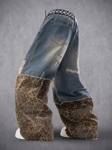 Manfinity Denimwave Men's Patchwork Leopard Print Pocket Distressed Straight Guys Baggy Leopard Print Jeans - Blue - View 2