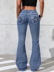 Jeanoix Star Embroidery & Rhinestone Decor Low Waist Stretch Distressed Flare Jeans - Light Wash - View 2