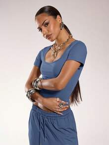 Normani 2pcs/Set Summer Casual Solid Color Short Sleeve T-Shirt And Pants - Blue - View 3