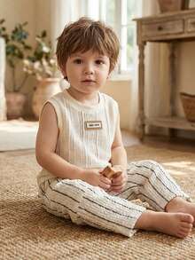 SHEIN Vintaside Kids 男婴亚麻混纺条纹裤，舒适百搭，适合任何季节，可搭配各种上衣。 - 杏色 - 查看 5