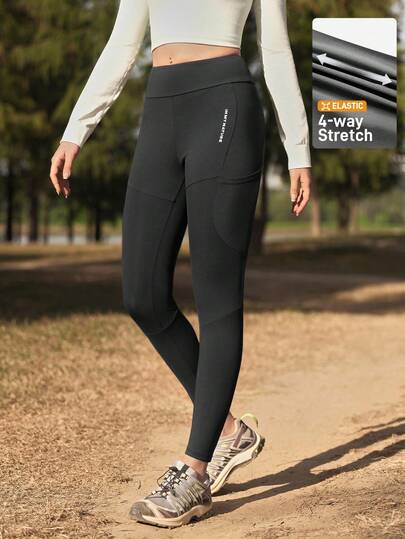 SHEIN In My Nature 女士军绿色户外高弹力紧身裤|反光条速干修身长裤|适合跑步、徒步、健身、瑜伽|带拉链口袋