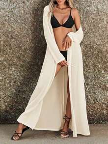 Swim Vcay 宽松纯色系带长袖和服罩衫