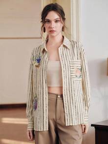 Anewsta Vintage Striped Shell & Starfish Embroidered Loose Long Sleeve Shirt - Khaki - View 4
