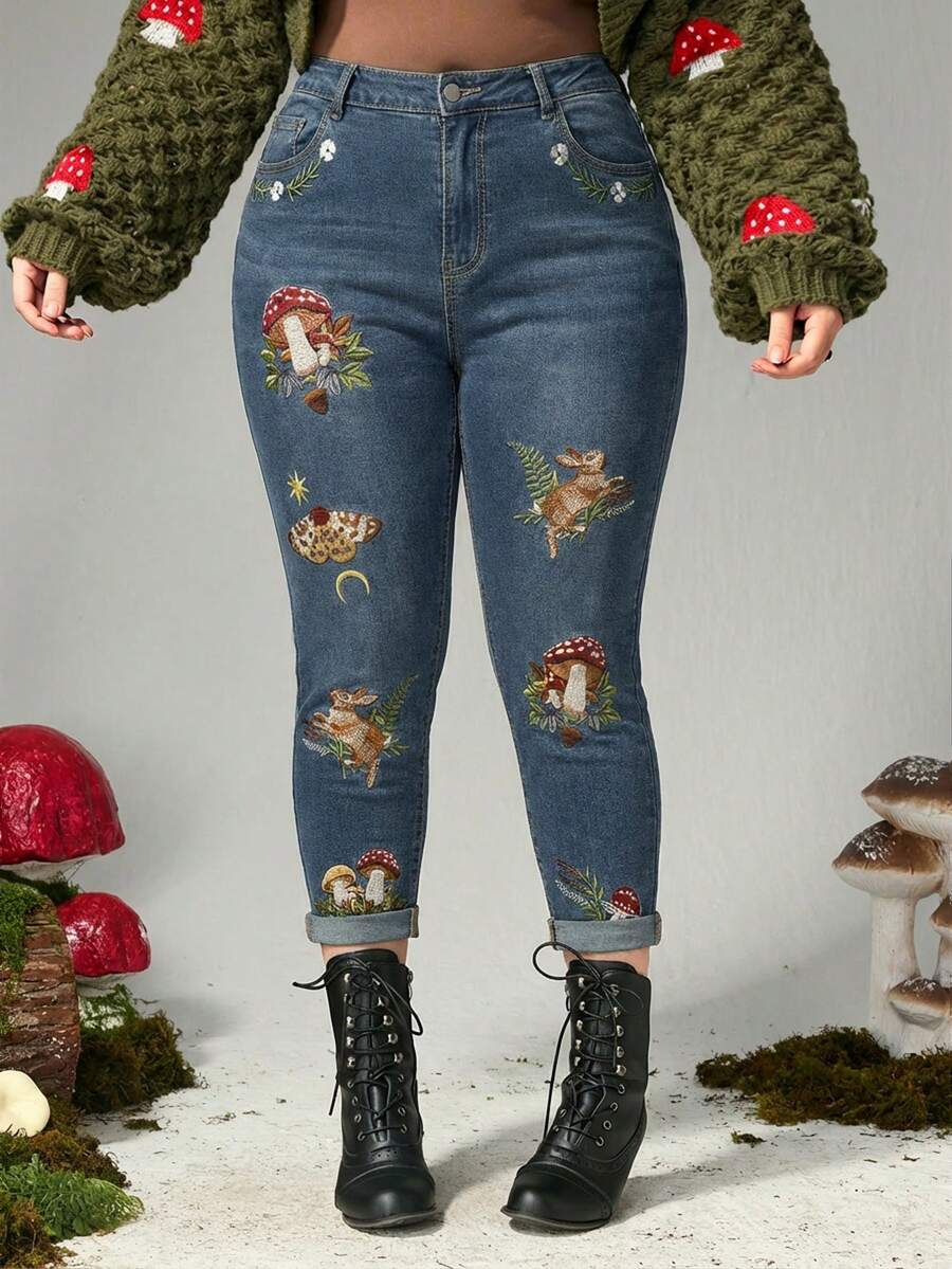 ROMWE Fairycore 大码女式深色蘑菇植物刺绣卷边七分牛仔裤 - 中等水洗藍 - 查看 1