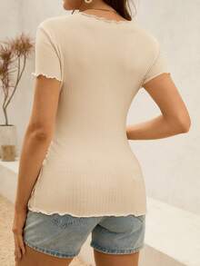 SHEIN Top de manga corta ajustado con borde de lechuga acanalado para maternidad - Albaricoque - Ver 2