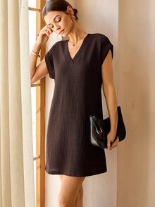 Lymera Women's V-Neck Lace Texture Jacquard Casual Mini Dress, Popular Color, Spring/Summer - Rust Brown - View 1