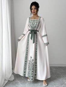 Yasmyna Women's Elegant Square Collar Flare Sleeve Cinched Waist Vintage Dress - Multicolor - View 6