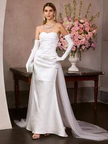 MOTF Soiréza 女士无肩带修身美人鱼礼服，褶皱花卉紧身胸衣——是婚礼、盛大晚宴、颁奖典礼和正式招待会的理想之选 - 白色 - 查看 5