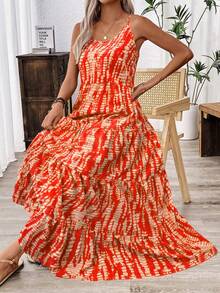EMERY ROSE 假日休闲随机印花吊带连衣裙长裙女装 - 橘色 - 查看 5
