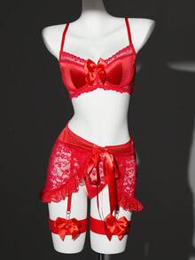 SHEIN Bộ đồ lót satin phối ren thắt nơ cổ điển gợi cảm dành cho Ngày Valentine, 5 món - Đỏ - Xem 6