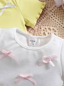 SHEIN LMoss Kids 2pcs/Set Baby Girl Cute Bow Knit Short Sleeve Top, Versatile Summer For Cute Tops Baby Tops Baby Tees Baby Doll Shirts Baby T Shirts - White - View 5