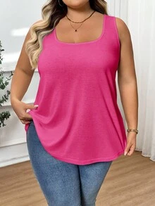 SHEIN CURVE+ Áo thun ba lỗ không tay rộng rãi, thoải mái, thời trang dành cho nữ cỡ lớn - Màu Hồng Tươi - Xem 9