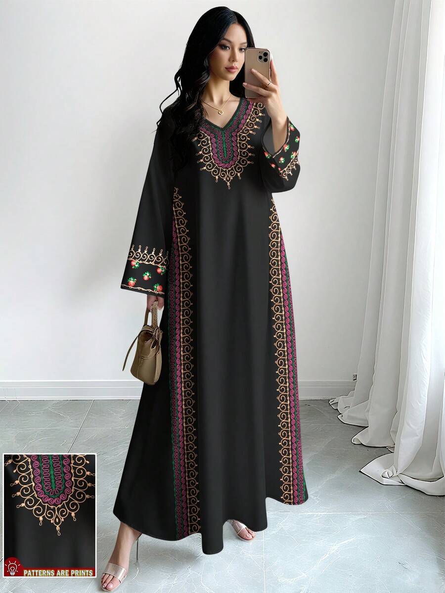 SHEIN Najma 女士复古图案花卉数码印花仿刺绣V领长袖优雅阿拉伯风长连衣裙，春秋季 - 彩色 - 查看 1