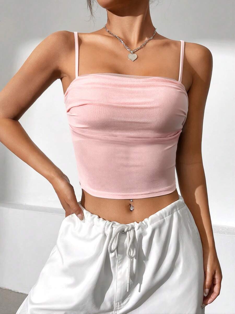SHEIN EZwear 夏季粉色撞色网纱露脐上衣 - 粉色 - 查看 1
