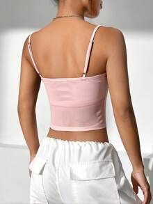 SHEIN EZwear 夏季粉色撞色网纱露脐上衣 - 粉色 - 查看 2