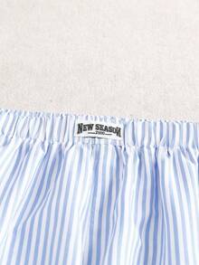 Sweetra Plus Size Women Casual Striped Print Knot Pocket Loose Cargo Wide Leg Pants, Suitable For Daily, Commute, Vacation - Baby Blue - View 3