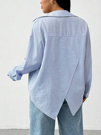 Shapeblank Plus-Size Women's Spring/Summer Fashion Casual Loose Comfortable Everyday Basic Versatile Slimming Blue Button Long-Sleeved Shirt With Back Slit,Spring Outfits,Women Blouse,Simple Style,Work Tops,Striped Shirt