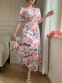 DAZY Women's Elegant Floral Print Square Neck Puff Sleeve Dress, Summer Wedding Guest Dress - Pink - View 5