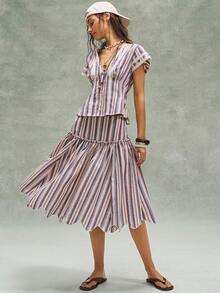 Bohemela 休闲条纹短袖V领修身女式衬衫 - 彩色 - 查看 3