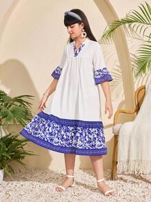 Tween Girls Blue And White Bohemian Notched Neck Midi Dress With Flounce Sleeves, Flared Hem Ruffle Details, Perfect For Vacation - Blue and White - View 5