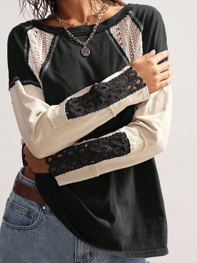 Bohemela 大码撞色长袖休闲T恤