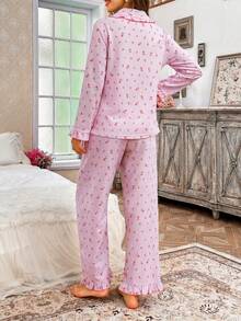 CottageSlumber Conjunto de pijama de cárdigan con cuello de volantes de burbujas florales y pantalones para mujer, ropa de otoño e invierno - Multicolor - Ver 2