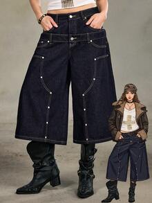 ROMWE EDITION Quần short jeans lửng dáng rộng, cạp đôi kiểu thợ rừng Mỹ cổ điển dành cho nữ, trang phục đường phố mùa hè. - Màu xanh lam - Xem 1