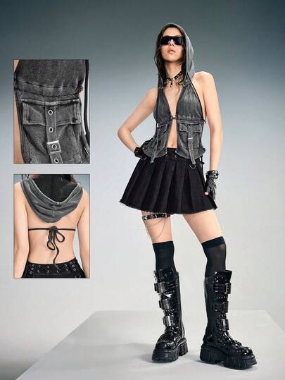 Grunge Punk Felpa con cappuccio da donna in stile punk con occhielli metallici 3D sulle tasche