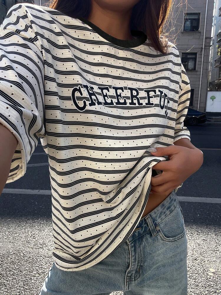 Women's Casual Striped Letter Print T-Shirt, Summer Y2k