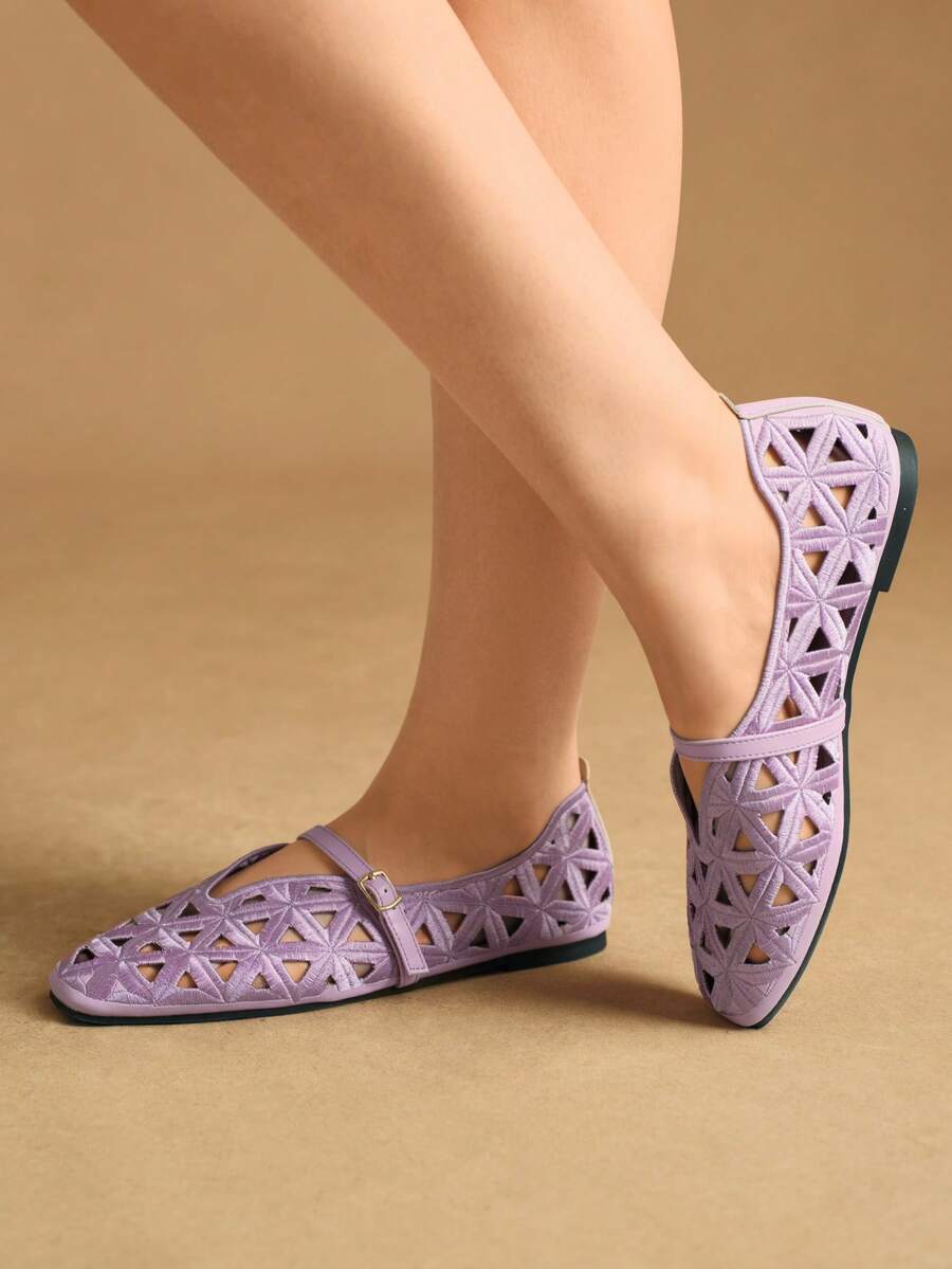 Rosivie Elegant Hollow-Out Flat Shoes For Women, Fashion & Comfortable, French Square Toe Graceful Flats - Purple - View 1