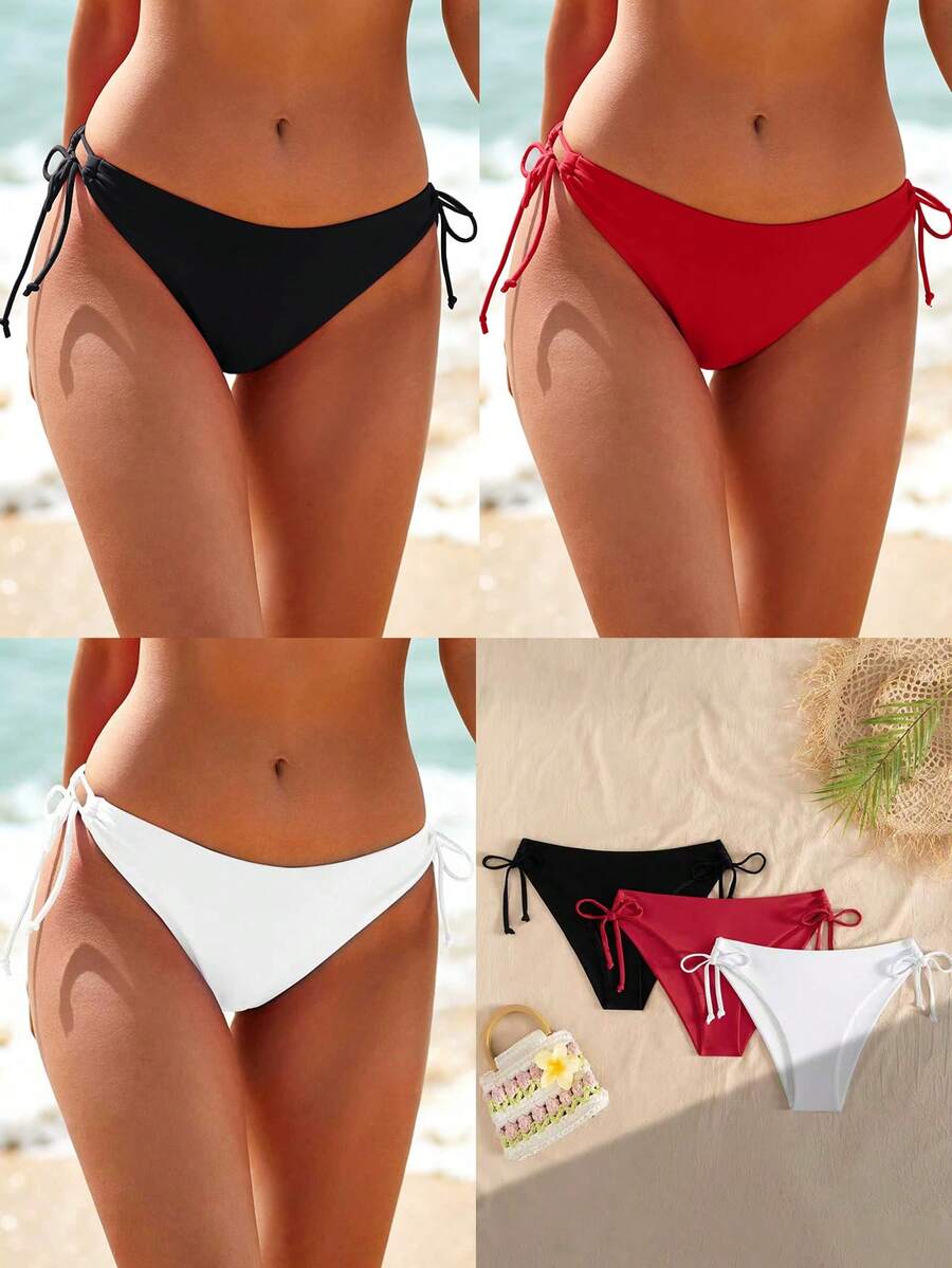 Swim Vcay 3pcs Women's Multicolor Bikini Bottom With Tie,Weddings & Events, Bikini Drawstring, Bathing Suit Bottoms, Solid Color Bikini,Valentine's Day - Multicolor - View 1