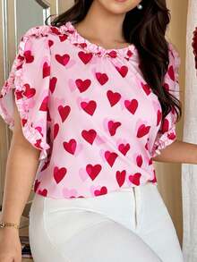 Vionelle 大码女式情人节爱心印花荷叶边休闲百搭泡泡袖衬衫 - 粉色 - 查看 1