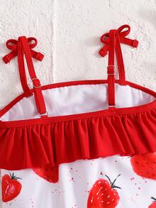 SHEIN Emery Rose Kids 女童草莓图案荷叶边泳衣和帽子套装，可爱针织夏季女童夏季度假沙滩西瓜印花荷叶边连体泳衣 - 紅白色 - 查看 10