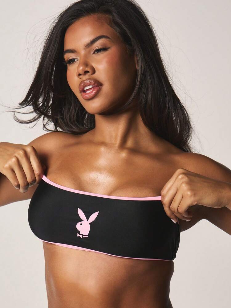 Missguided x Playboy Bandeau Contrast Binding Two Piece Set With High Rise Bottom And Strapless Top Summer Beach Vacation Swimwear Collection