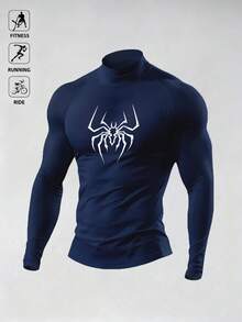 Manfinity EMRG Men's Spider Print Raglan Long Sleeve Casual Fitness Workout T-Shirt Gym Tops Men Rash Guard Men Mens Compression Tops Gym Tops Long Sleeve Turtle Neck Compression Shirt - Royal Blue - View 3