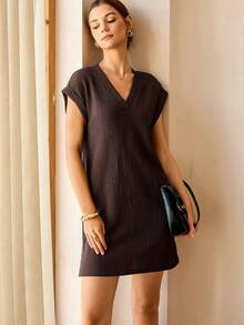 Lymera Women's V-Neck Lace Texture Jacquard Casual Mini Dress, Popular Color, Spring/Summer - Rust Brown - View 4