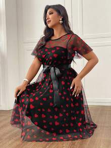 Femmeverse Heart Print Sheer Zipper Waist Dress, Princess Style Short Sleeve Dress For Women, Valentine's Day Ribbon For Wedding,Party - Multicolor - View 8