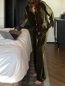 DAZY 2pcs Women Lace Patchwork Loose Cardigan Long Sleeve & Pants Pajama Set - Army Green - View 5