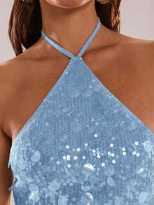 SHEIN BAE Women's Fashionable Party Sequin Backless Halter Mini Dress,Summer Dresses For Women - Baby Blue - View 7