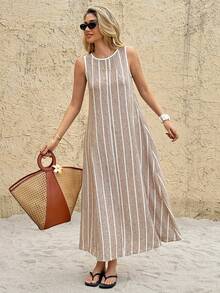 SHEIN Frenchy Vestido largo holgado sin mangas con estampado de rayas para mujer, casual de verano - Albaricoque - Ver 1