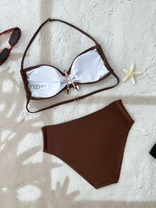 Tween Girls Solid Color Strapless Tie Metallic Jewelry Bikini Set For Summer,Bathing Suit Set /Beach Girl Outfit/ Swim Suits Two Pieces/ Bathing Suits For Teens Bikini Set - Brown - View 2