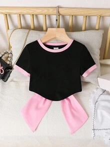 SHEIN Cute Baby Girl Knitted Solid Color Block Slim Fit Short-Sleeve T-Shirt With Open Back And Organza Bow Decoration. Fashionable French Elegance, Back To School, Y2K, Sweet And Cool, Individualistic And Ladylike. Bow Baby Clothes Pink And Black Toddler Outfit Elegant Tops For Toddler Girls Baby Girls Bow Tshirts - Black - View 5