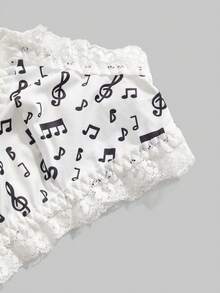 ROMWE Gothic Floral Lace & Music Note Pattern Camisole And Thong Lingerie Set - White - View 4